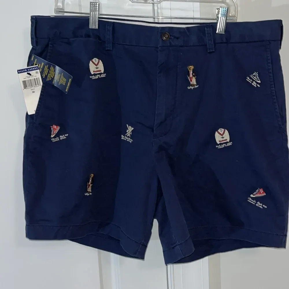 New POLO RALPH LAUREN Men’s Navy Blue Embroidered Sewn Polo Bear Shorts Pwing
